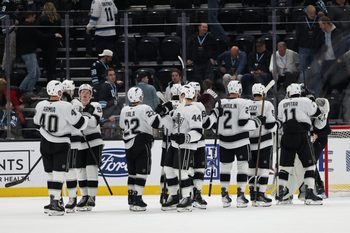 Dec 8, 2025; Salt Lake City, Utah, USA; The Los Angeles Kings celebrate a win over the Utah Mammoth after the game at Delta Center. Mandatory Credit: Rob Gray-Imagn Images