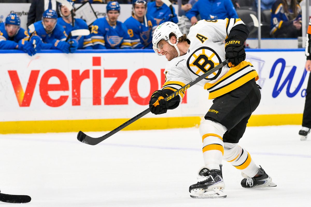 Dec 9, 2025; St. Louis, Missouri, USA; Boston Bruins right wing David Pastrnak (88) shoots against the St. Louis Blues during the first period at Enterprise Center. Mandatory Credit: Jeff Curry-Imagn Images