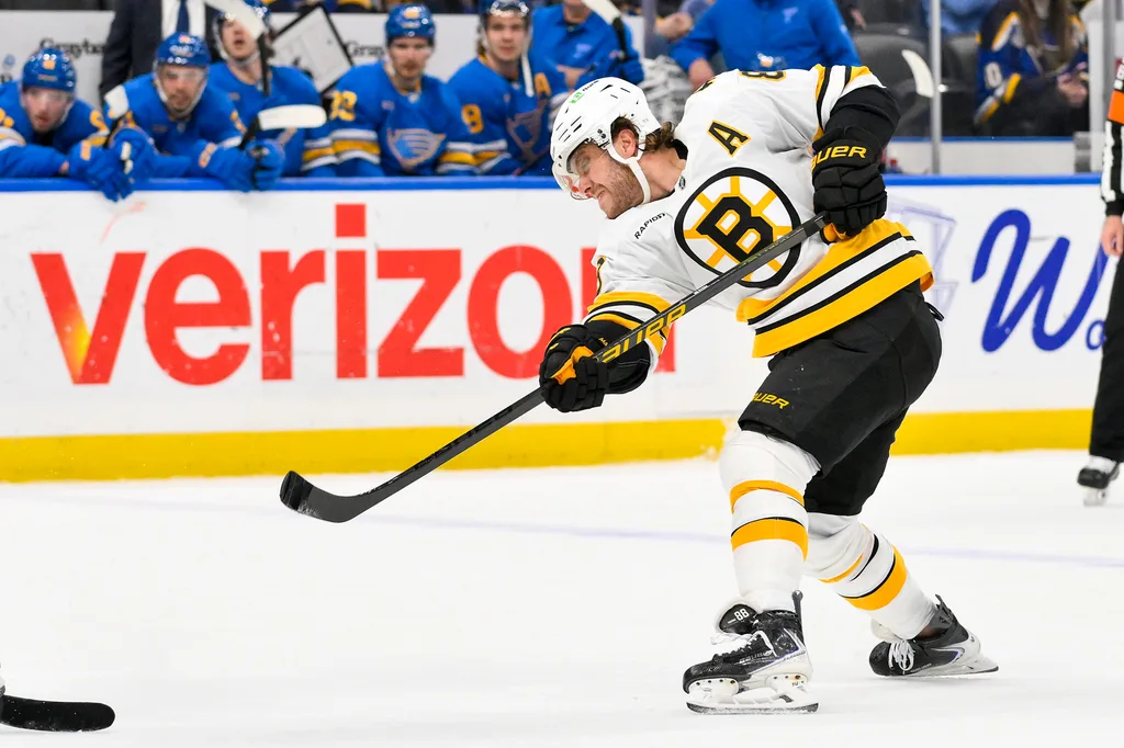 Dec 9, 2025; St. Louis, Missouri, USA; Boston Bruins right wing David Pastrnak (88) shoots against the St. Louis Blues during the first period at Enterprise Center. Mandatory Credit: Jeff Curry-Imagn Images