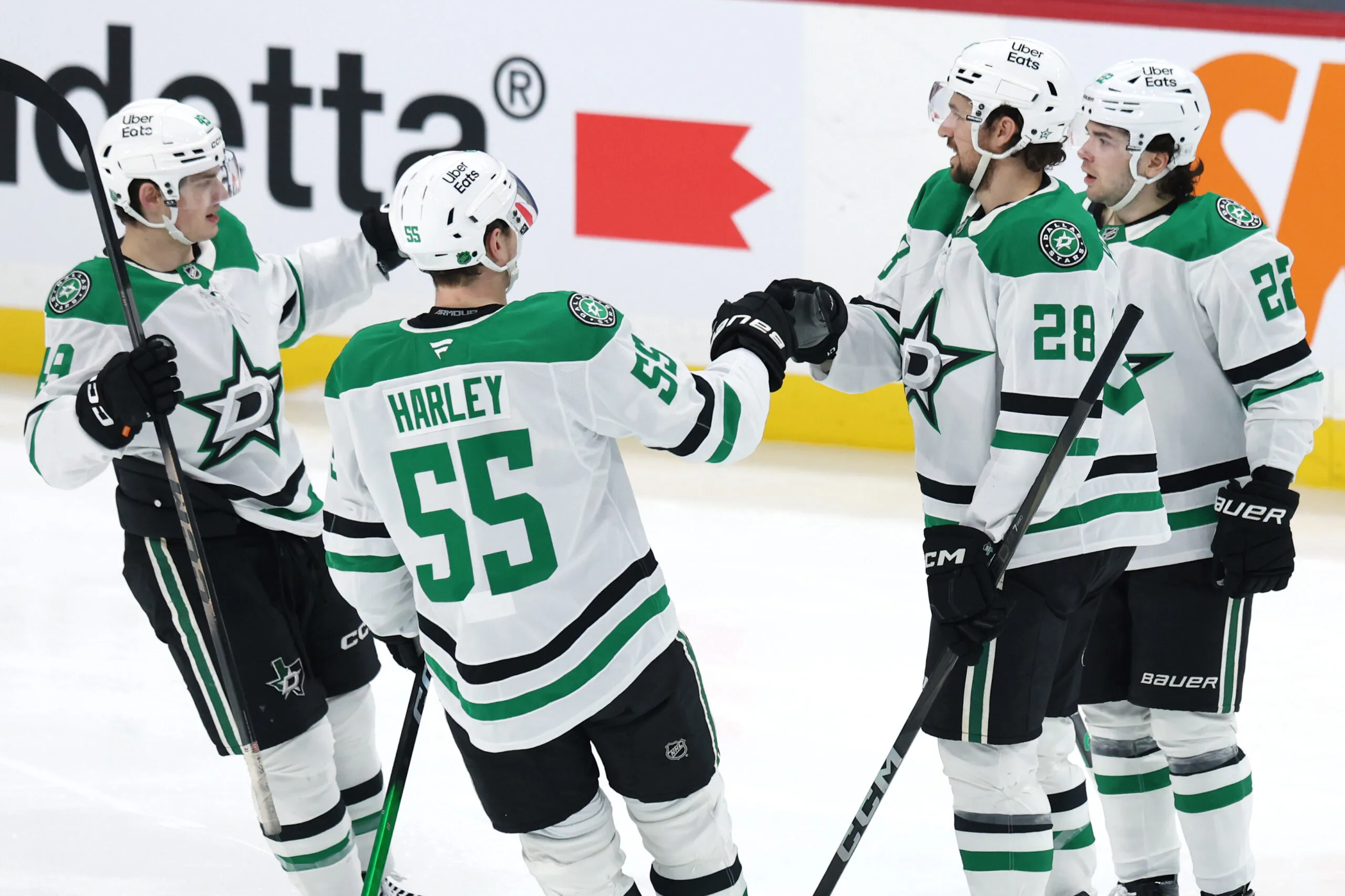 Dec 9, 2025; Winnipeg, Manitoba, CAN; Dallas Stars defenseman Alexander Petrovic (28) celebrates his goal against the Winnipeg Jets in the second period at Canada Life Centre. Mandatory Credit: James Carey Lauder-Imagn Images