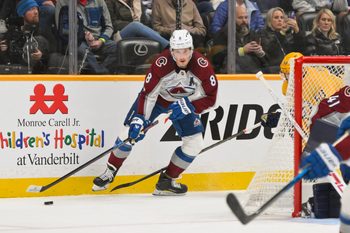 Dec 9, 2025; Nashville, Tennessee, USA;  Colorado Avalanche defenseman Cale Makar (8) skates behind the net against the Nashville Predators during the second period at Bridgestone Arena. Mandatory Credit: Steve Roberts-Imagn Images