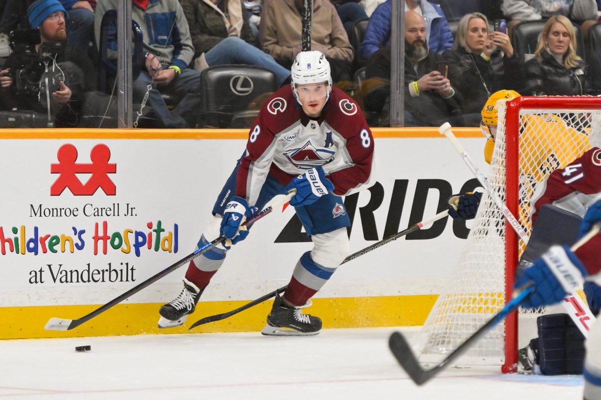 Dec 9, 2025; Nashville, Tennessee, USA; Colorado Avalanche defenseman Cale Makar (8) skates behind the net against the Nashville Predators during the second period at Bridgestone Arena. Mandatory Credit: Steve Roberts-Imagn Images