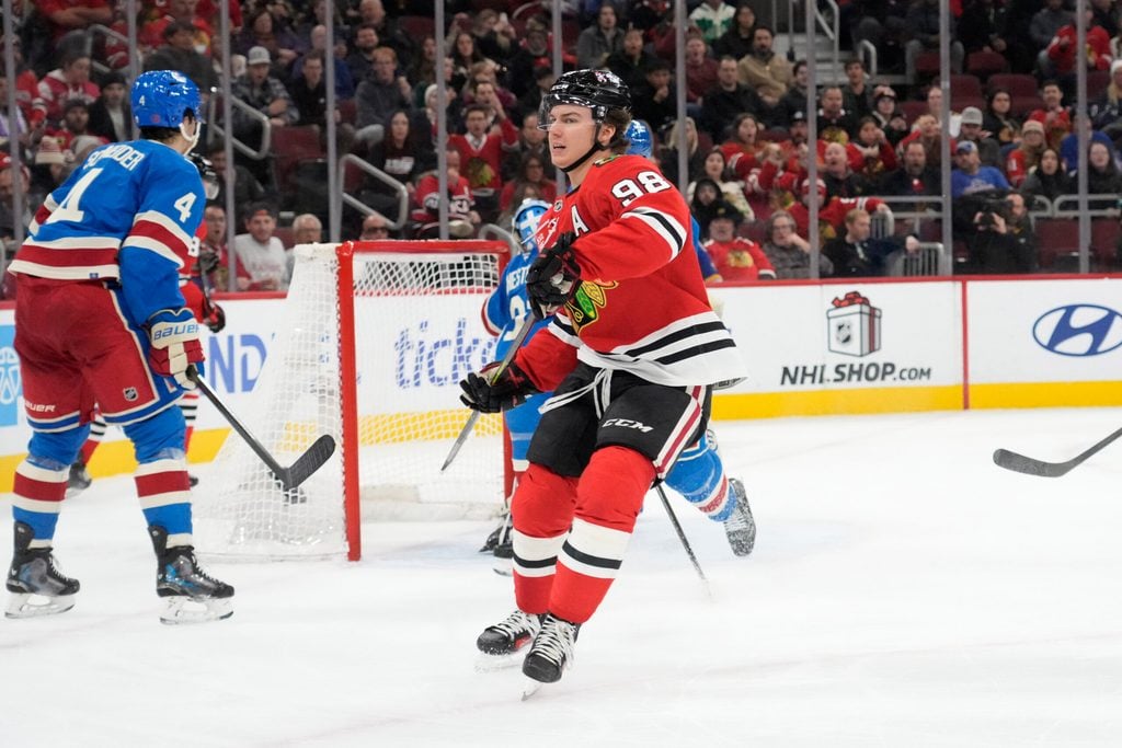 Dec 10, 2025; Chicago, Illinois, USA; Chicago Blackhawks center Connor Bedard (98) celebrates his goal against the New York Rangers during the second period at United Center. Mandatory Credit: David Banks-Imagn Images