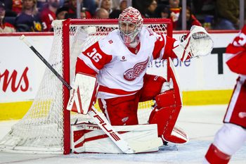 Dec 10, 2025; Calgary, Alberta, CAN; Detroit Red Wings goaltender John Gibson (36) guards his net against the Calgary Flames during the second period at Scotiabank Saddledome. Mandatory Credit: Sergei Belski-Imagn Images
