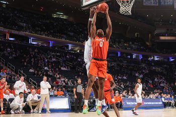 Dec 9, 2025; New York, New York, USA;  Clemson Tigers forward RJ Godfrey (0) at Madison Square Garden. Mandatory Credit: Wendell Cruz-Imagn Images