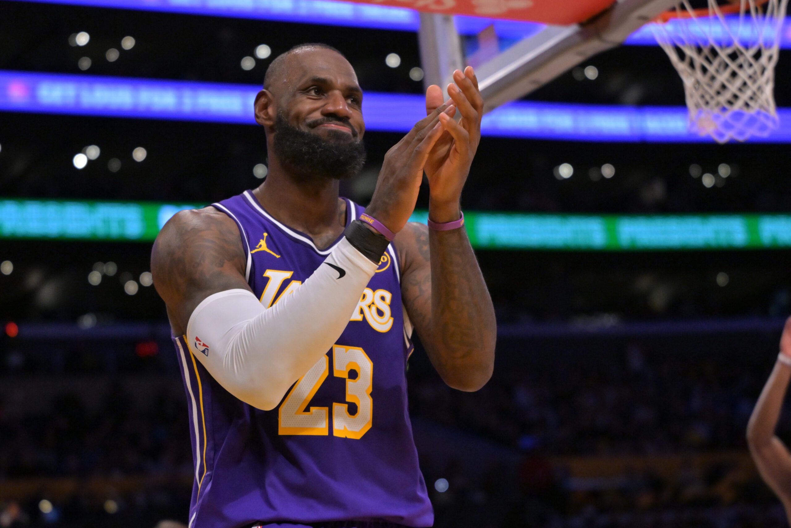 Dec 10, 2025; Los Angeles, California, USA; Los Angeles Lakers forward Lebron James (23) reacts after a missed basket during the second half against the San Antonio Spurs at Crypto.com Arena. Mandatory Credit: Jayne Kamin-Oncea-Imagn Images