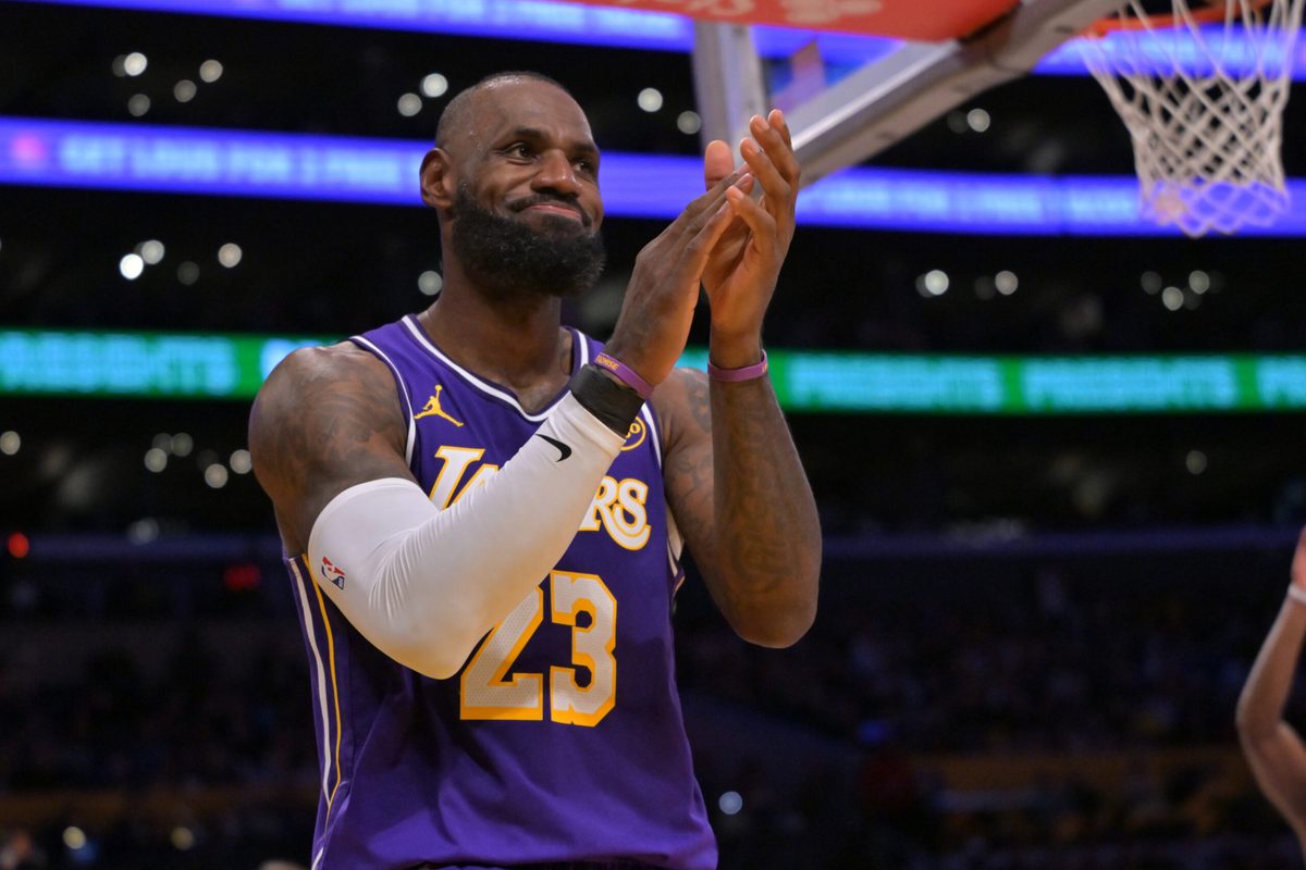 Dec 10, 2025; Los Angeles, California, USA; Los Angeles Lakers forward Lebron James (23) reacts after a missed basket during the second half against the San Antonio Spurs at Crypto.com Arena. Mandatory Credit: Jayne Kamin-Oncea-Imagn Images