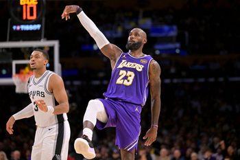 Dec 10, 2025; Los Angeles, California, USA; Los Angeles Lakers forward Lebron James (23) watches his shot during the second half against the San Antonio Spurs at Crypto.com Arena. Mandatory Credit: Jayne Kamin-Oncea-Imagn Images