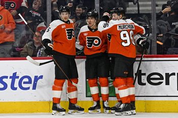 Dec 11, 2025; Philadelphia, Pennsylvania, USA; Philadelphia Flyers center Trevor Zegras (46) celebrates his goal with teammates against the Vegas Golden Knights during the first period at Xfinity Mobile Arena. Mandatory Credit: Eric Hartline-Imagn Images