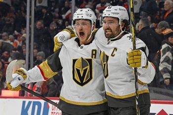 Dec 11, 2025; Philadelphia, Pennsylvania, USA; Vegas Golden Knights right wing Mark Stone (61) celebrates his game winning goal with center Jack Eichel (9) against the Philadelphia Flyers during the overtime period at Xfinity Mobile Arena. Mandatory Credit: Eric Hartline-Imagn Images