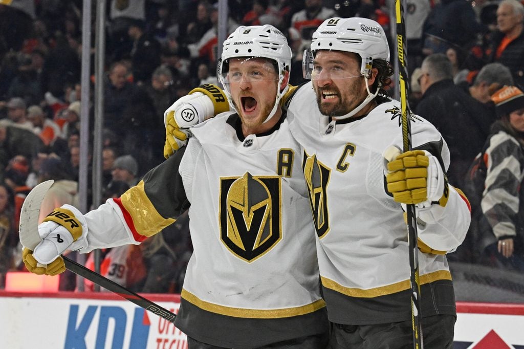 Dec 11, 2025; Philadelphia, Pennsylvania, USA; Vegas Golden Knights right wing Mark Stone (61) celebrates his game winning goal with center Jack Eichel (9) against the Philadelphia Flyers during the overtime period at Xfinity Mobile Arena. Mandatory Credit: Eric Hartline-Imagn Images