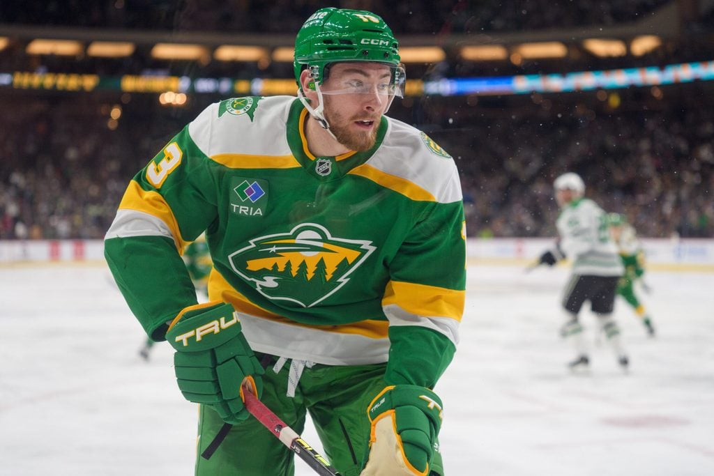 Dec 11, 2025; Saint Paul, Minnesota, USA; Minnesota Wild center Yakov Trenin (13) in action against the Dallas Stars in the third period at Grand Casino Arena. Mandatory Credit: Matt Blewett-Imagn Images