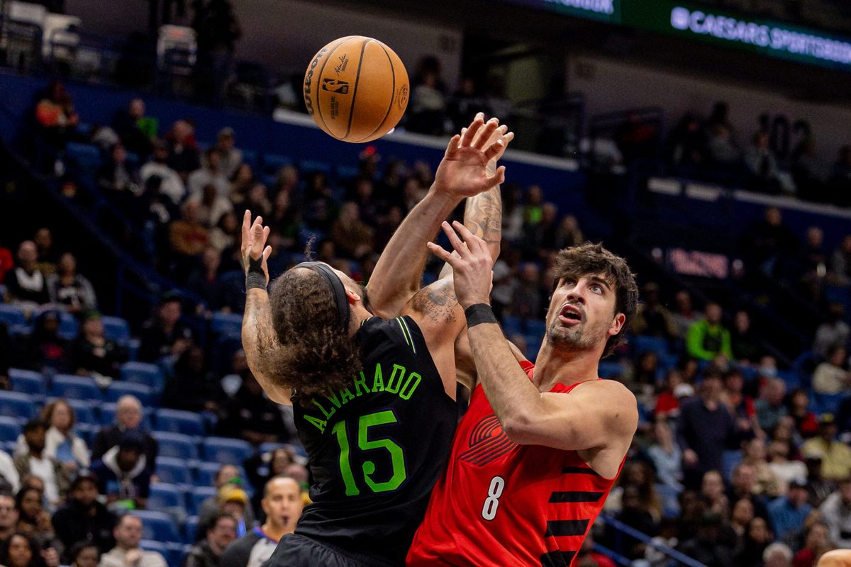 Dec 11, 2025; New Orleans, Louisiana, USA; Portland Trail Blazers forward Deni Avdija (8) has the ball stolen by New Orleans Pelicans guard Jose Alvarado (15) during the second half at Smoothie King Center. Mandatory Credit: Stephen Lew-Imagn Images