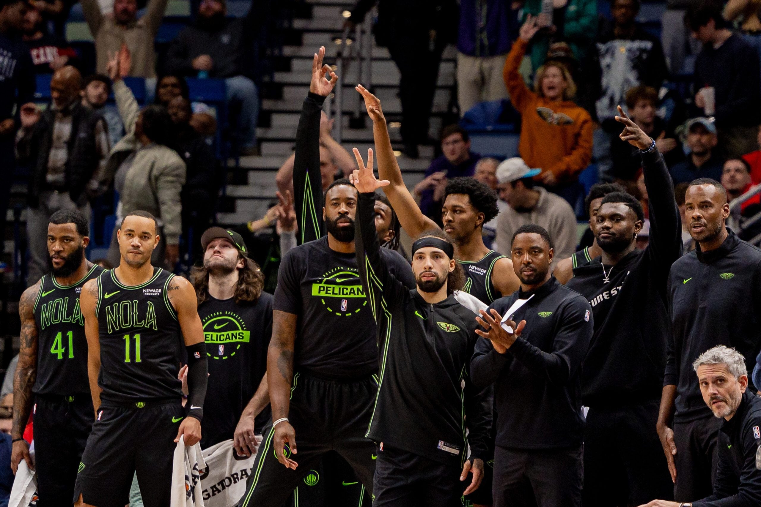 Dec 11, 2025; New Orleans, Louisiana, USA;  New Orleans Pelicans bench reacts to a play against the Portland Trail Blazers during the second half at Smoothie King Center. Mandatory Credit: Stephen Lew-Imagn Images