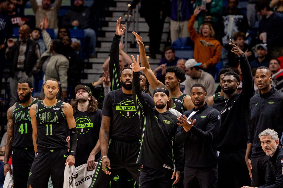 Dec 11, 2025; New Orleans, Louisiana, USA;  New Orleans Pelicans bench reacts to a play against the Portland Trail Blazers during the second half at Smoothie King Center. Mandatory Credit: Stephen Lew-Imagn Images