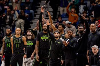 Dec 11, 2025; New Orleans, Louisiana, USA;  New Orleans Pelicans bench reacts to a play against the Portland Trail Blazers during the second half at Smoothie King Center. Mandatory Credit: Stephen Lew-Imagn Images
