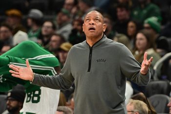 Dec 11, 2025; Milwaukee, Wisconsin, USA; Milwaukee Bucks head coach Doc Rivers reacts in the second quarter against the Boston Celtics at Fiserv Forum. Mandatory Credit: Benny Sieu-Imagn Images