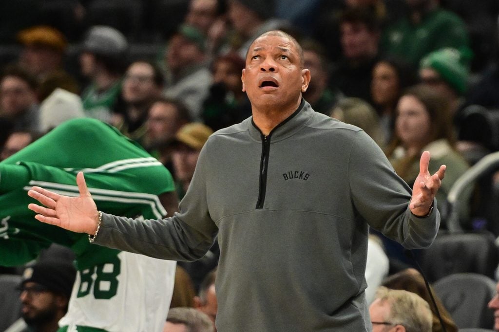 Dec 11, 2025; Milwaukee, Wisconsin, USA; Milwaukee Bucks head coach Doc Rivers reacts in the second quarter against the Boston Celtics at Fiserv Forum. Mandatory Credit: Benny Sieu-Imagn Images