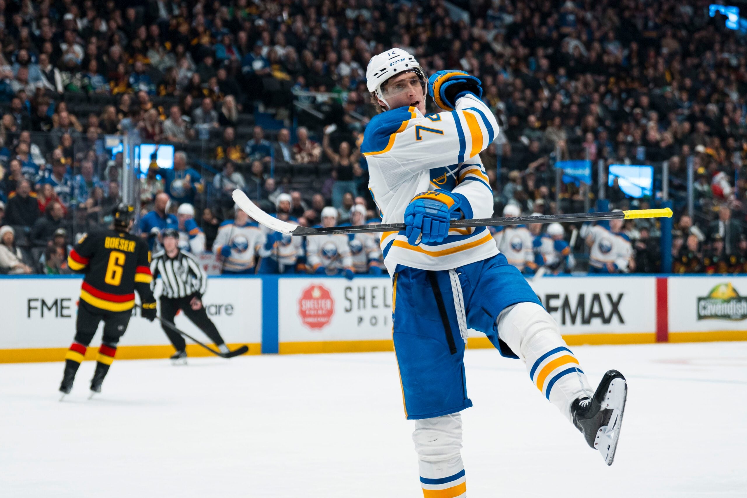 Dec 11, 2025; Vancouver, British Columbia, CAN; Buffalo Sabres forward Tage Thompson (72) celebrates his goal against the Vancouver Canucks in the second period at Rogers Arena. Mandatory Credit: Bob Frid-Imagn Images