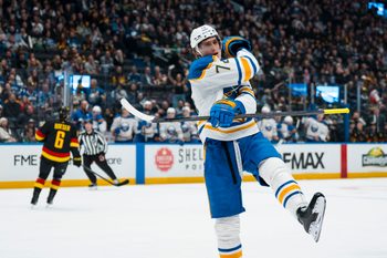 Dec 11, 2025; Vancouver, British Columbia, CAN; Buffalo Sabres forward Tage Thompson (72) celebrates his goal against the Vancouver Canucks in the second period at Rogers Arena. Mandatory Credit: Bob Frid-Imagn Images
