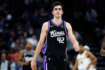 Dec 11, 2025; Sacramento, California, USA; Sacramento Kings center Maxime Raynaud (42) looks on against the Denver Nuggets during the fourth quarter at Golden 1 Center. Mandatory Credit: Sergio Estrada-Imagn Images