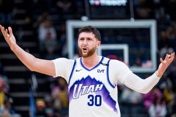 Dec 12, 2025; Memphis, Tennessee, USA; Utah Jazz center Jusuf Nurkic (30) questions the foul call in the first quarter against the Memphis Grizzlies at FedExForum. Mandatory Credit: Matthew Smith-Imagn Images