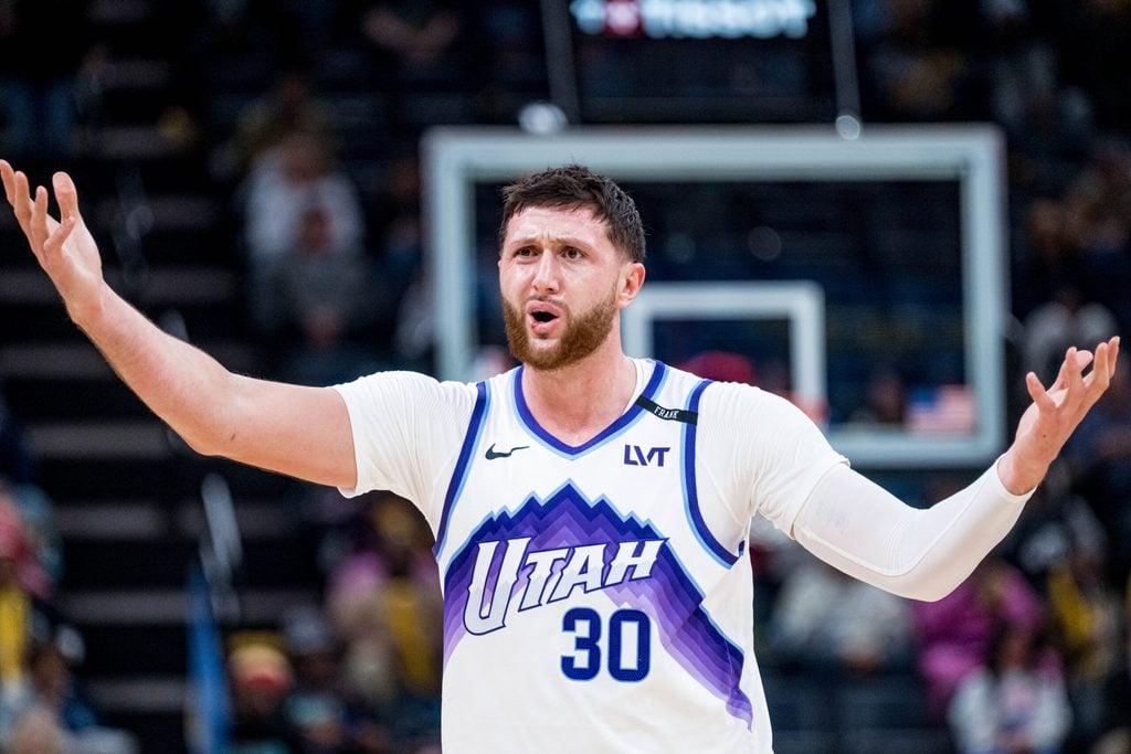 Dec 12, 2025; Memphis, Tennessee, USA; Utah Jazz center Jusuf Nurkic (30) questions the foul call in the first quarter against the Memphis Grizzlies at FedExForum. Mandatory Credit: Matthew Smith-Imagn Images
