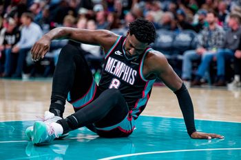 Dec 12, 2025; Memphis, Tennessee, USA; Memphis Grizzlies power forward Jaren Jackson Jr. (8) gets up in the second half against the Utah Jazz at FedExForum. Mandatory Credit: Matthew Smith-Imagn Images