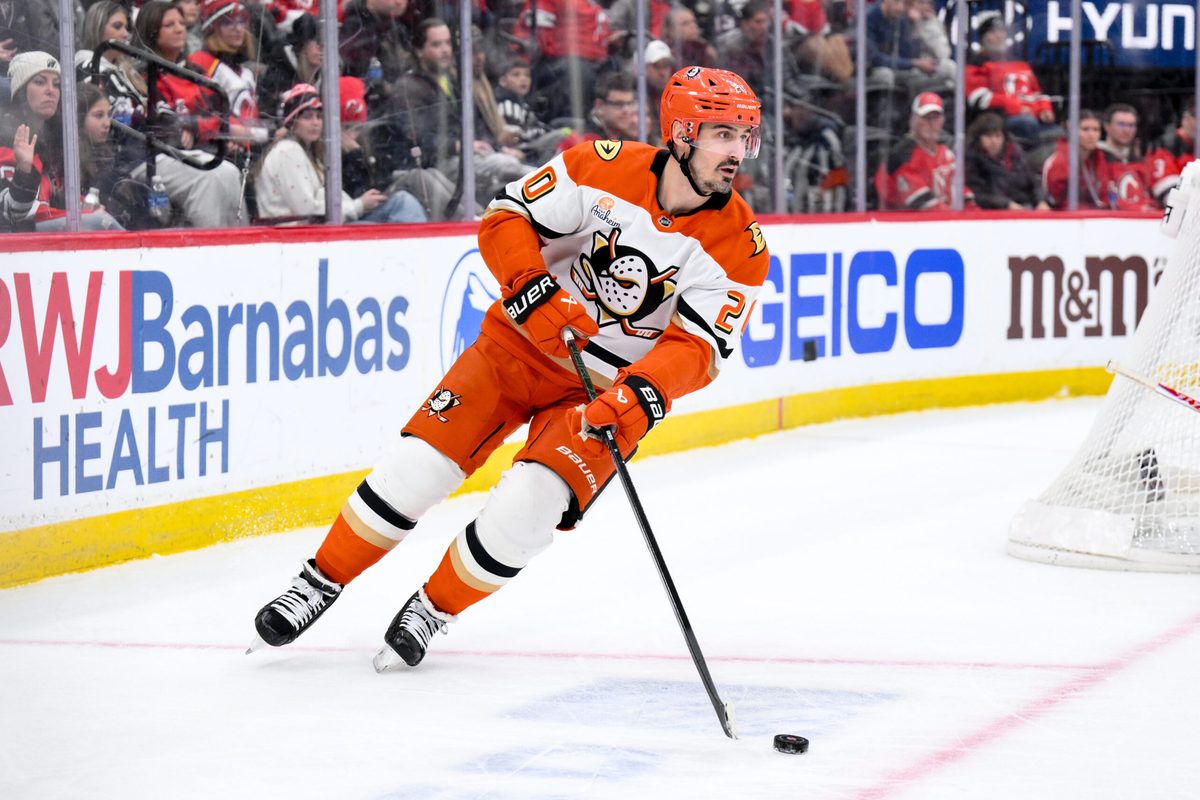 Dec 13, 2025; Newark, New Jersey, USA; Anaheim Ducks left wing Chris Kreider (20) skates against the New Jersey Devils during the third period at Prudential Center. Mandatory Credit: John Jones-Imagn Images