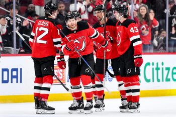 Dec 13, 2025; Newark, New Jersey, USA; New Jersey Devils right wing Connor Brown (16) reacts after scoring an empty net goal against the Anaheim Ducks during the third period at Prudential Center. Mandatory Credit: John Jones-Imagn Images
