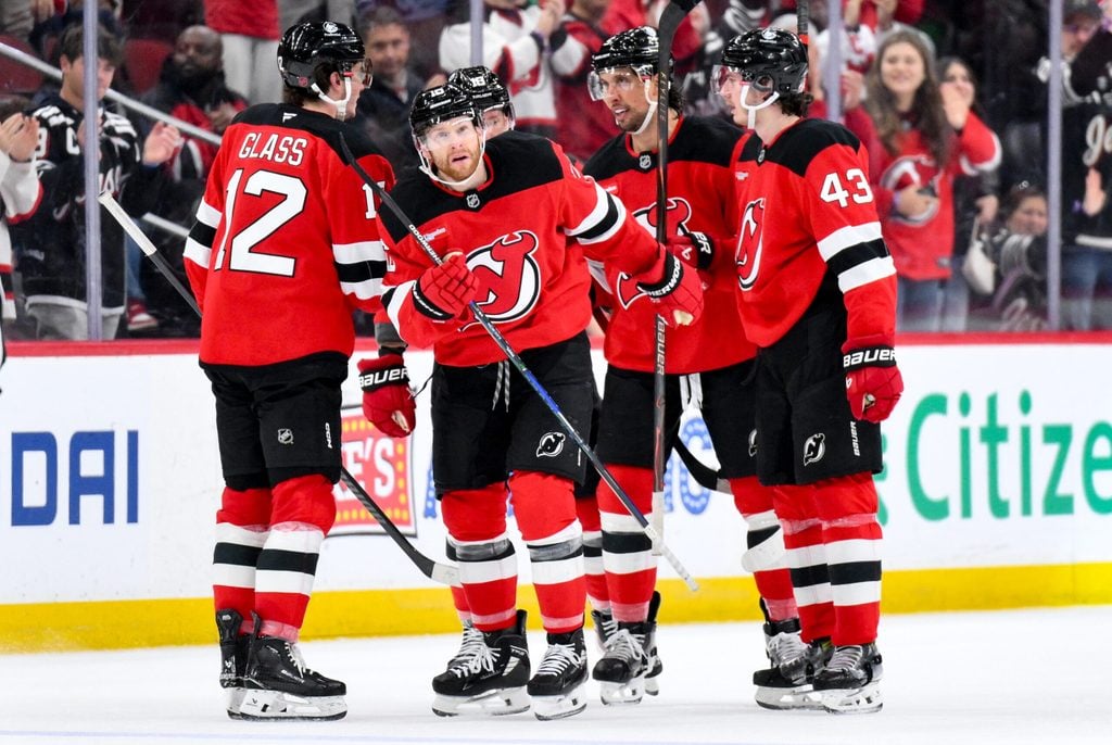 Dec 13, 2025; Newark, New Jersey, USA; New Jersey Devils right wing Connor Brown (16) reacts after scoring an empty net goal against the Anaheim Ducks during the third period at Prudential Center. Mandatory Credit: John Jones-Imagn Images