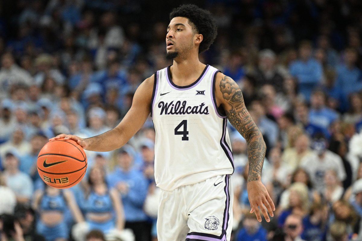 Dec 13, 2025; Omaha, Nebraska, USA;  Kansas State Wildcats guard PJ Haggerty (4) dribbles against the Creighton Bluejays during the first half at CHI Health Center Omaha. Mandatory Credit: Steven Branscombe-Imagn Images