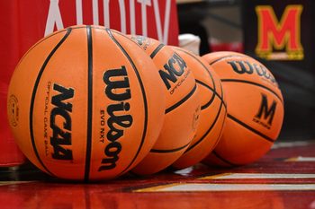 Dec 13, 2025; College Park, Maryland, USA;  A general view of basketballs lined up on the court before a game between the Maryland Terrapins and the Michigan Wolverines at Xfinity Center. Mandatory Credit: Jamie Sabau-Imagn Images
