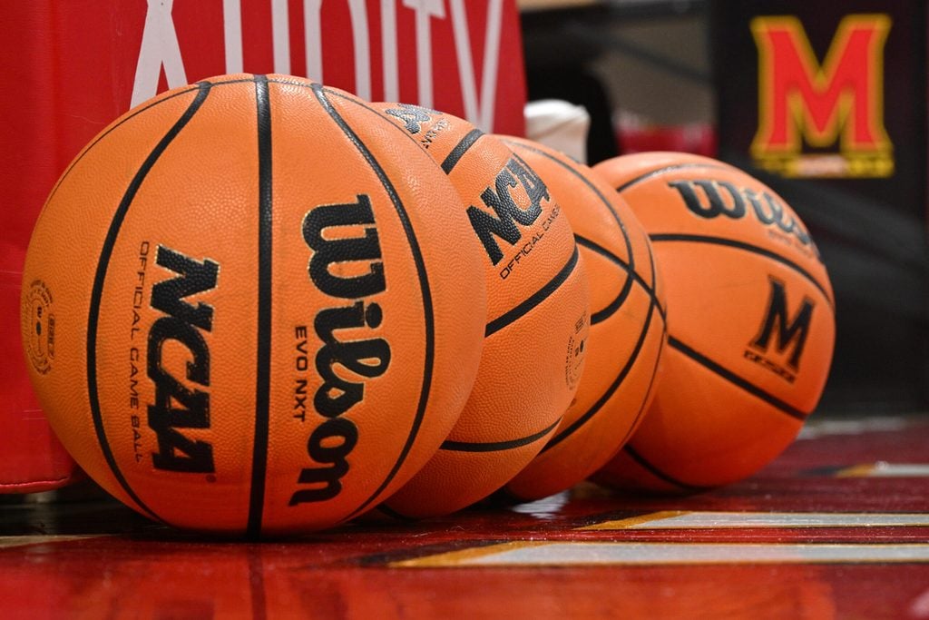 Dec 13, 2025; College Park, Maryland, USA; A general view of basketballs lined up on the court before a game between the Maryland Terrapins and the Michigan Wolverines at Xfinity Center. Mandatory Credit: Jamie Sabau-Imagn Images