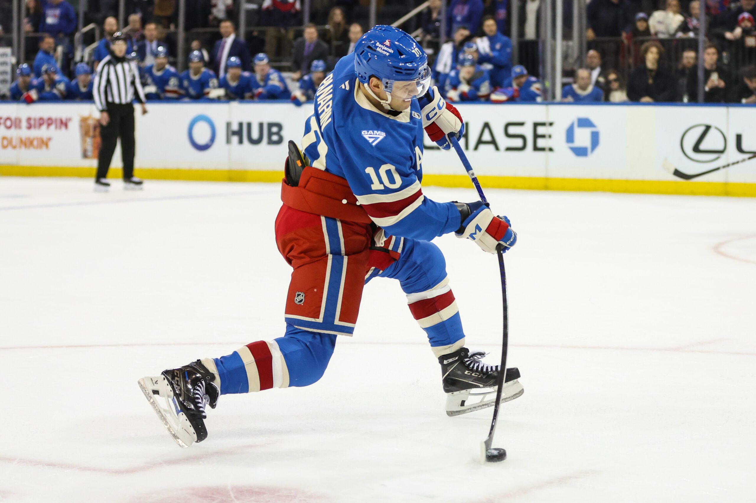 Dec 13, 2025; New York, New York, USA;  New York Rangers left wing Artemi Panarin (10) attempts a shot on goal in overtime against the Montréal Canadiens at Madison Square Garden. Mandatory Credit: Wendell Cruz-Imagn Images