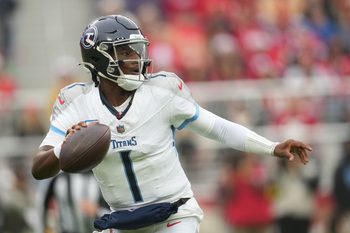 Dec 14, 2025; Santa Clara, California, USA;  Tennessee Titans quarterback Cam Ward (1) looks to pass during the first quarter against the San Francisco 49ers at Levi's Stadium. Mandatory Credit: Cary Edmondson-Imagn Images