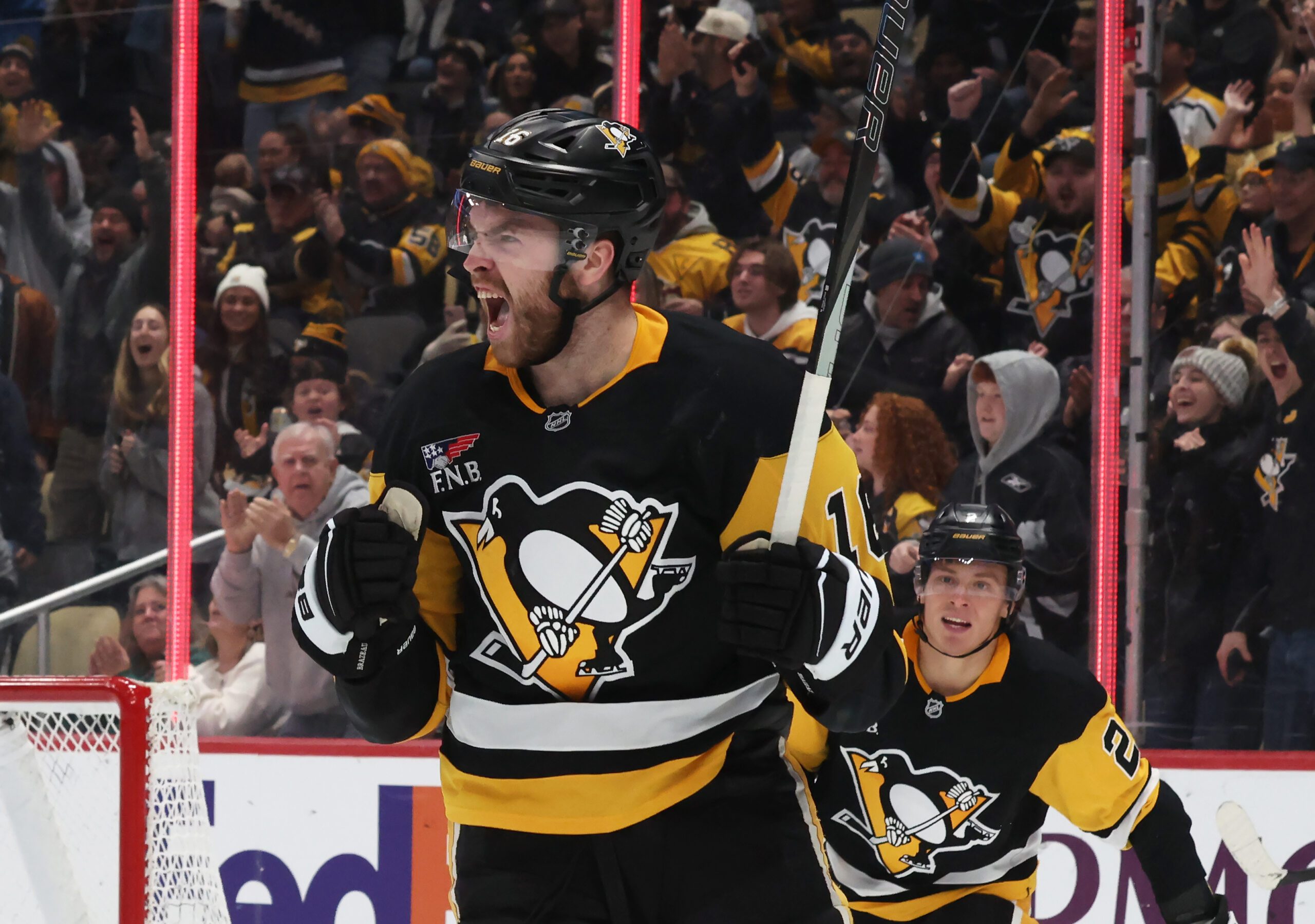 Dec 14, 2025; Pittsburgh, Pennsylvania, USA;  Pittsburgh Penguins right wing Justin Brazeau (16) reacts after scoring a goal against the Utah Mammoth during the third period at PPG Paints Arena. Mandatory Credit: Charles LeClaire-Imagn Images