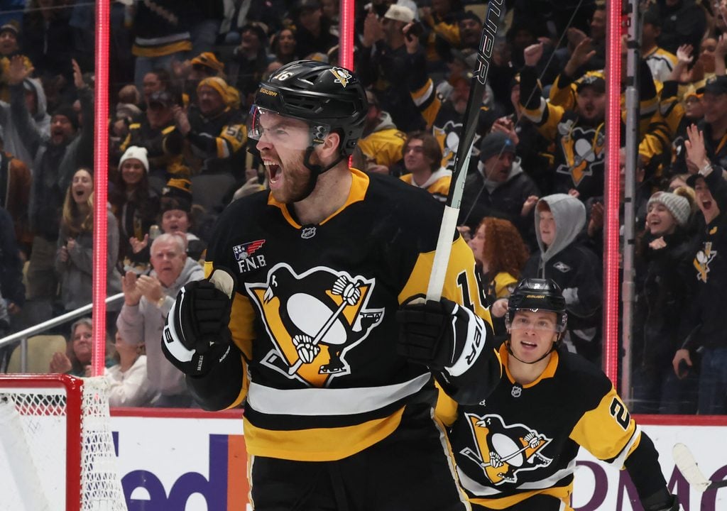 Dec 14, 2025; Pittsburgh, Pennsylvania, USA; Pittsburgh Penguins right wing Justin Brazeau (16) reacts after scoring a goal against the Utah Mammoth during the third period at PPG Paints Arena. Mandatory Credit: Charles LeClaire-Imagn Images