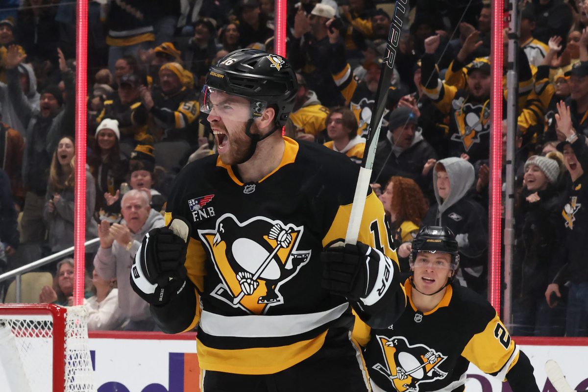Dec 14, 2025; Pittsburgh, Pennsylvania, USA; Pittsburgh Penguins right wing Justin Brazeau (16) reacts after scoring a goal against the Utah Mammoth during the third period at PPG Paints Arena. Mandatory Credit: Charles LeClaire-Imagn Images