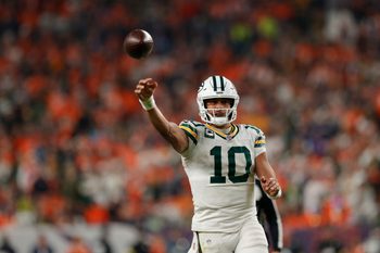 Dec 14, 2025; Denver, Colorado, USA; Green Bay Packers quarterback Jordan Love (10) throws downfield during the fourth quarter against the Denver Broncos at Empower Field at Mile High. Mandatory Credit: Isaiah J. Downing-Imagn Images