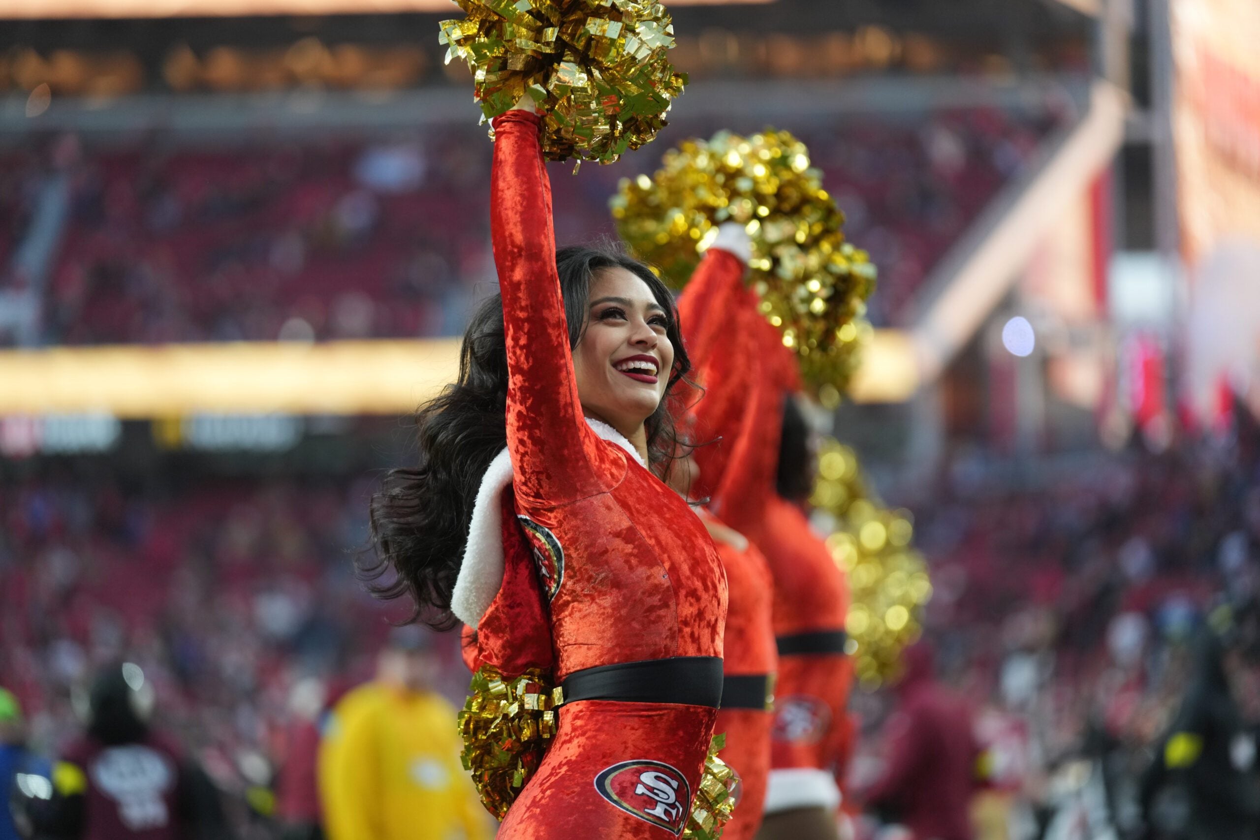 Dec 14, 2025; Santa Clara, California, USA;  San Francisco 49ers cheerleaders perform during the fourth quarter against the Tennessee Titans at Levi's Stadium. Mandatory Credit: Cary Edmondson-Imagn Images