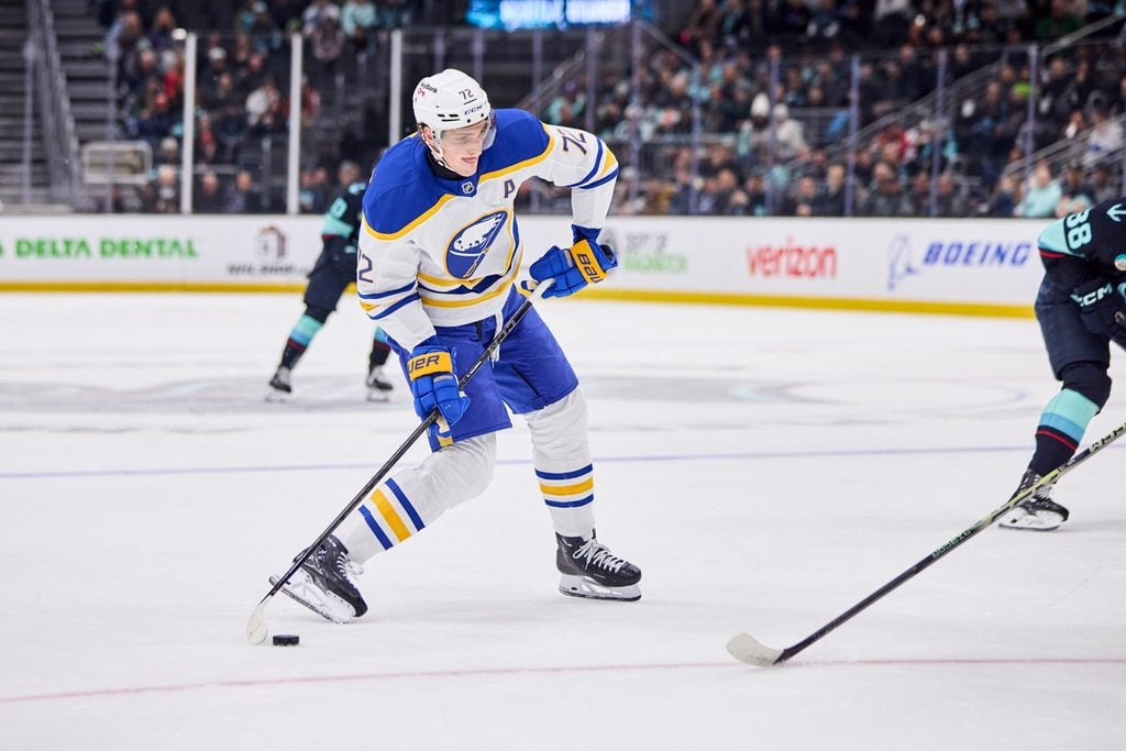 Dec 14, 2025; Seattle, Washington, USA; Buffalo Sabres center Tage Thompson (72) looks to shoot during the first period against the Seattle Kraken at Climate Pledge Arena. Mandatory Credit: Blake Dahlin-Imagn Images