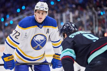 Dec 14, 2025; Seattle, Washington, USA; Buffalo Sabres center Tage Thompson (72) looks on before a face off during the first period against the Seattle Kraken at Climate Pledge Arena. Mandatory Credit: Blake Dahlin-Imagn Images
