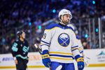 Dec 14, 2025; Seattle, Washington, USA; Buffalo Sabres right wing Alex Tuch (89) looks on during the second period against the Seattle Kraken at Climate Pledge Arena. Mandatory Credit: Blake Dahlin-Imagn Images