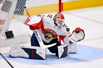Dec 13, 2025; Dallas, Texas, USA; Florida Panthers goaltender Sergei Bobrovsky (72) makes a save on a Dallas Stars shot during the game at the American Airlines Center. Mandatory Credit: Jerome Miron-Imagn Images