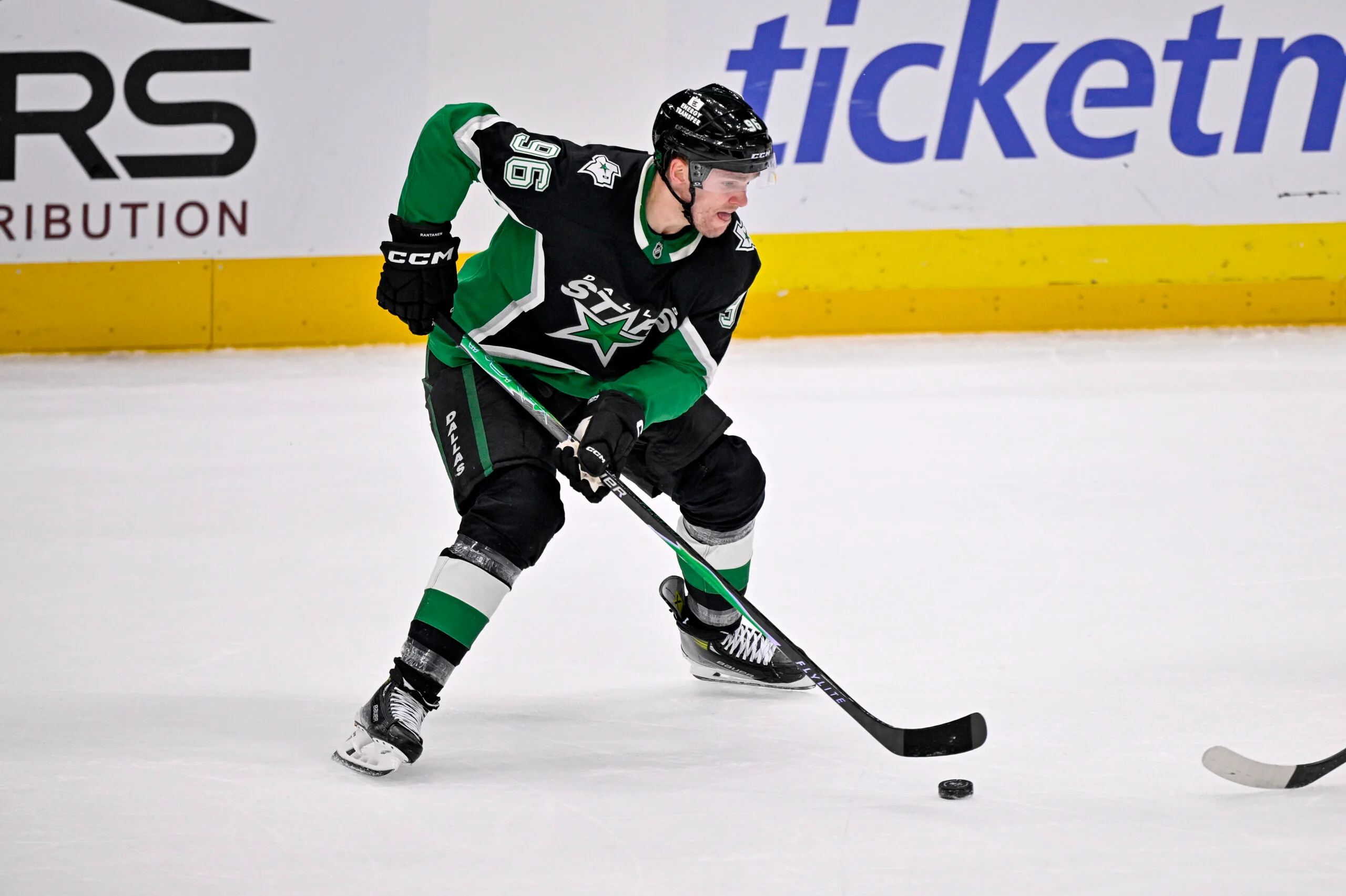 Dec 13, 2025; Dallas, Texas, USA; Dallas Stars right wing Mikko Rantanen (96) skates against the Florida Panthers during the game at the American Airlines Center. Mandatory Credit: Jerome Miron-Imagn Images