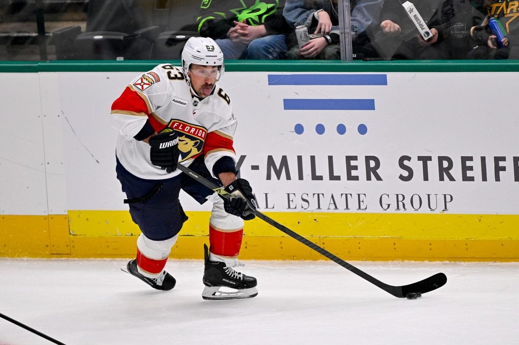 Dec 13, 2025; Dallas, Texas, USA; Florida Panthers left wing Brad Marchand (63) skates against the Dallas Stars during the game at the American Airlines Center. Mandatory Credit: Jerome Miron-Imagn Images
