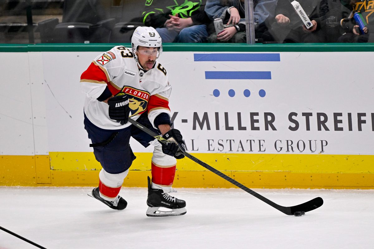Dec 13, 2025; Dallas, Texas, USA; Florida Panthers left wing Brad Marchand (63) skates against the Dallas Stars during the game at the American Airlines Center. Mandatory Credit: Jerome Miron-Imagn Images