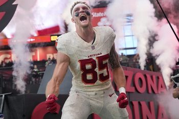 Arizona Cardinals tight end Trey McBride (85) is introduced before the game against the Seattle Seahawks at State Farm Stadium on Sept. 25, 2025.