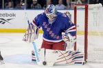 Dec 15, 2025; New York, New York, USA; New York Rangers goaltender Igor Shesterkin (31) makes a save against the Anaheim Ducks during the third period at Madison Square Garden. Mandatory Credit: Brad Penner-Imagn Images